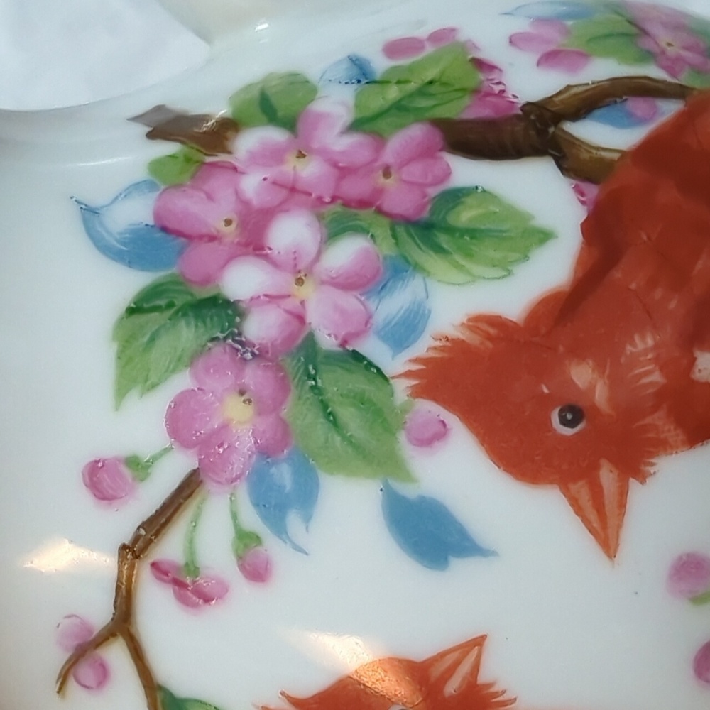 Vintage Noleans Japan Hand Painted Cardinal Birds Cherry Blossom Ceramic Pitcher - Picture 7 of 9